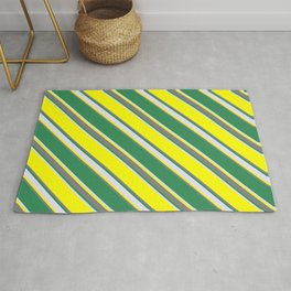 [ Thumbnail: Yellow, Gray, Sea Green, and Lavender Colored Striped Pattern Rug ]