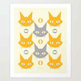 Retro Cat Pattern, Vintage Cats in Yellow and Grey Art Print