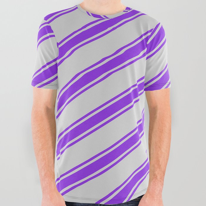 Light Grey & Purple Colored Lined Pattern All Over Graphic Tee