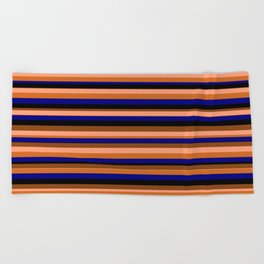 [ Thumbnail: Eyecatching Light Salmon, Chocolate, Blue, Black & Brown Colored Stripes/Lines Pattern Beach Towel ]