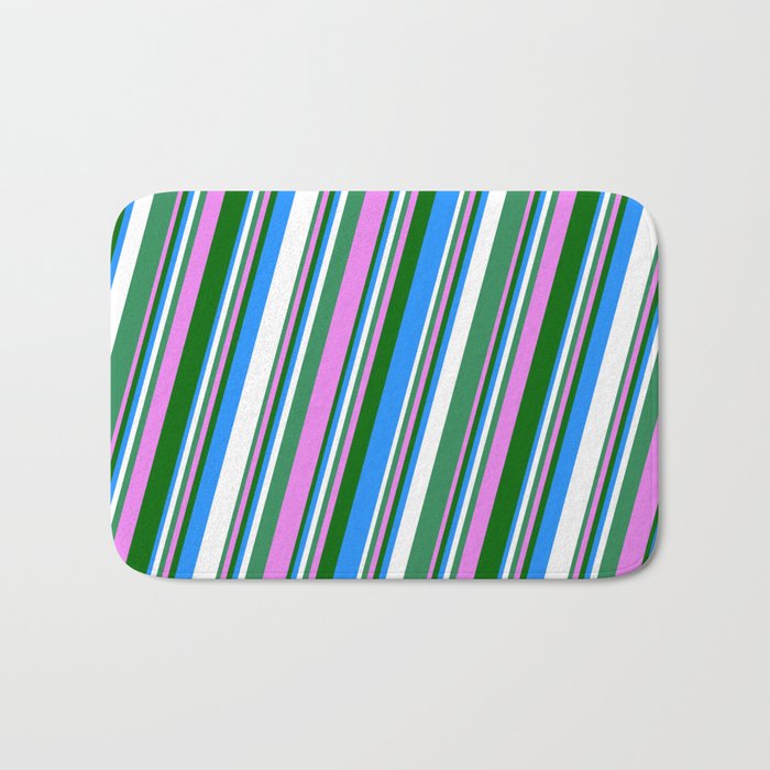 Vibrant Sea Green, Violet, Dark Green, Blue, and White Colored Stripes/Lines Pattern Bath Mat
