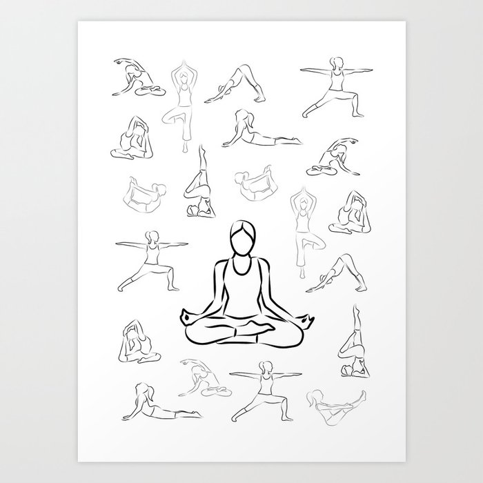 Yoga Asanas on White Art Print by XOOXOO