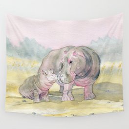 Colorful Mom and Baby Hippo Wall Tapestry