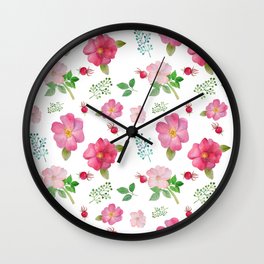 Botanical pink country roses hip floral pattern Wall Clock