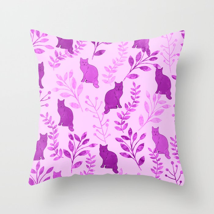 Watercolor Floral and Cat V Throw Pillow