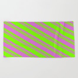 [ Thumbnail: Orchid & Green Colored Striped/Lined Pattern Beach Towel ]