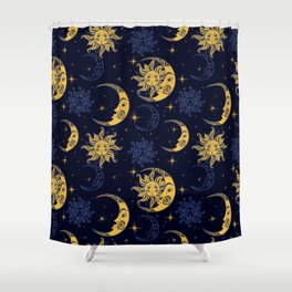 Sun and moon pattern gold and navy Shower Curtain