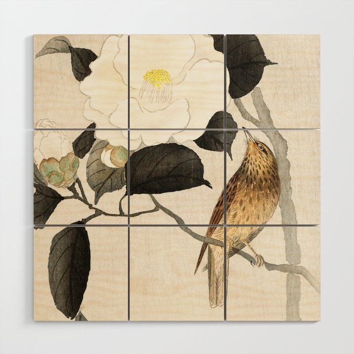 Nightingale on a flowering Camellia - Japanese vintage woodblock print art Wood Wall Art