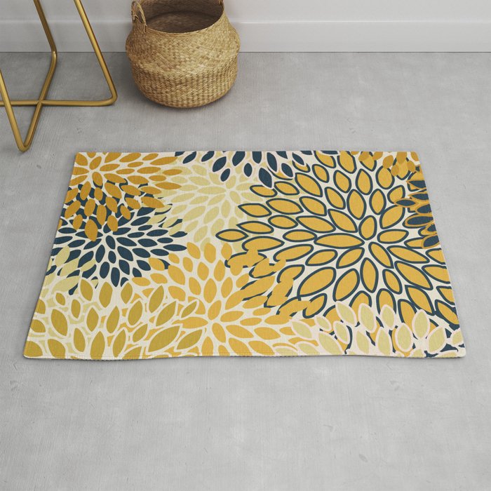 Floral Prints, Abstract Art, Navy Blue and Mustard Yellow, Coloured Prints Rug