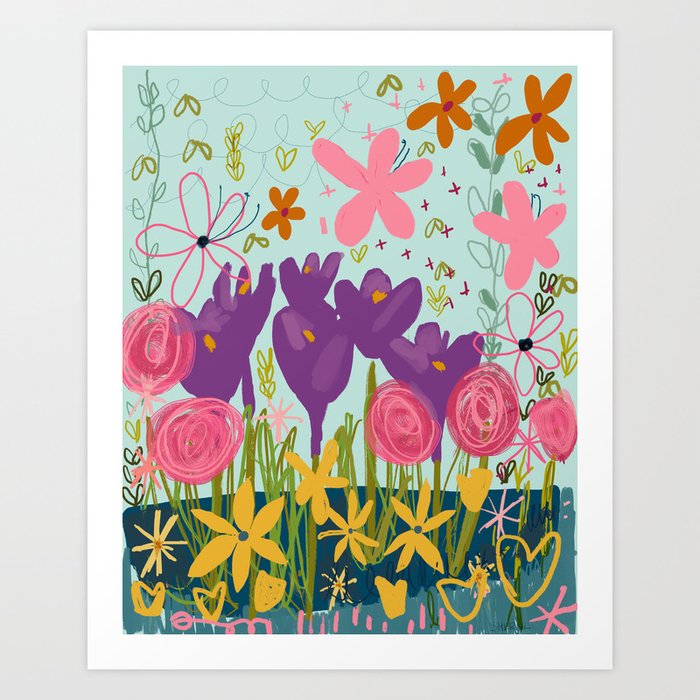 Crocus 5 - Seafoam Green - Pink - Purple - Blue - Flowers Art Print