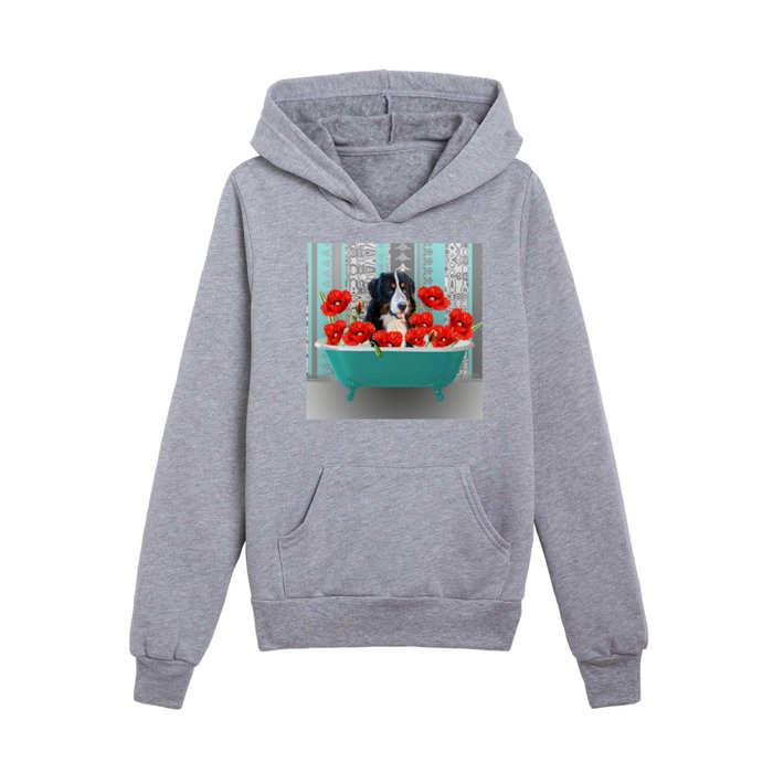 Bernese Mountain Dog Poppies Flowers Bathtub turquoise Kids Pullover Hoodie