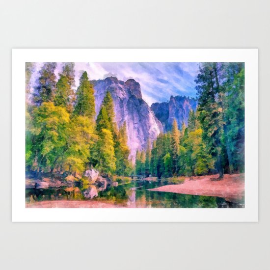 Mountain landscape with forest and river Art Print