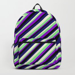 [ Thumbnail: Dark Violet, Black, Midnight Blue, Beige & Light Green Colored Lined Pattern Backpack ]