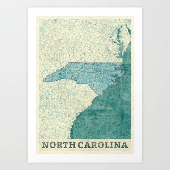 North Carolina State Map Blue Vintage Art Print
