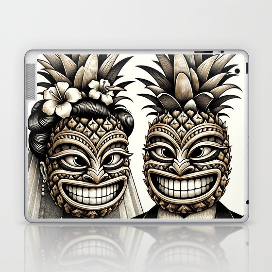 Bride and Groom Aloha Pineapple Tiki Heads Laptop & iPad Skin