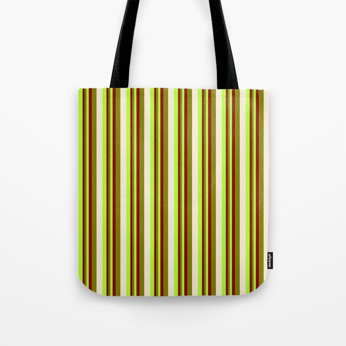 Light Green, Dark Red, Green, and Beige Colored Lines Pattern Tote Bag