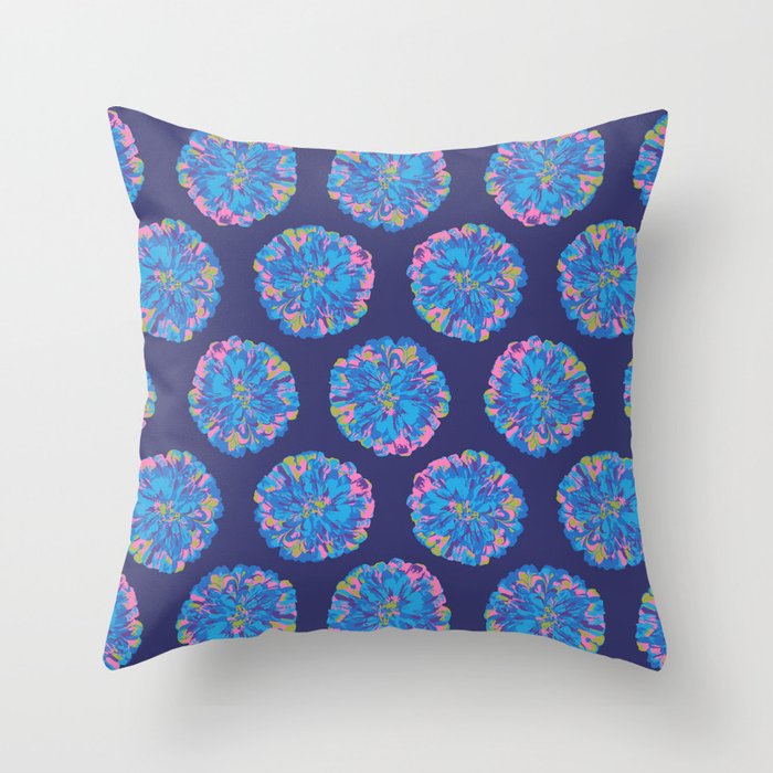 CHRYSANTHEMUMS Abstract Polka Dot Floral Summer Bright Botanical in Blue Pink Purple on Dark Blue - UnBlink Studio by Jackie Tahara Throw Pillow