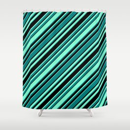 [ Thumbnail: Aquamarine, Teal, and Black Colored Pattern of Stripes Shower Curtain ]