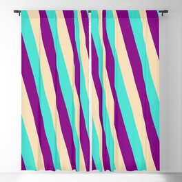 [ Thumbnail: Turquoise, Purple & Tan Colored Stripes/Lines Pattern Blackout Curtain ]