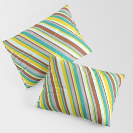 [ Thumbnail: Colorful Grey, Light Sea Green, Yellow, Light Cyan & Sienna Colored Pattern of Stripes Pillow Sham ]