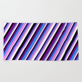 [ Thumbnail: Purple, Blue, Violet, White & Black Colored Stripes Pattern Beach Towel ]