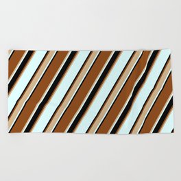 [ Thumbnail: Brown, Tan, Light Cyan & Black Colored Striped/Lined Pattern Beach Towel ]