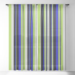 [ Thumbnail: Light Grey, Green, Blue & Black Colored Lined Pattern Sheer Curtain ]