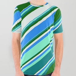 [ Thumbnail: Colorful Blue, Aquamarine, Teal, Dark Green, and Mint Cream Colored Lines/Stripes Pattern All Over Graphic Tee ]