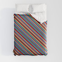 [ Thumbnail: Dark Red, Light Salmon, Sea Green & Royal Blue Colored Lined Pattern Duvet Cover ]
