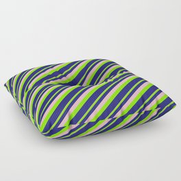 [ Thumbnail: Light Pink, Green, and Midnight Blue Colored Striped/Lined Pattern Floor Pillow ]
