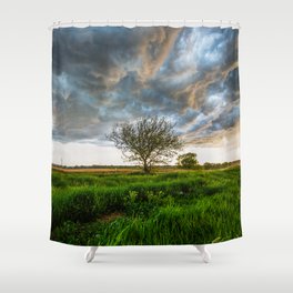 Stormy Day on the Plains - Tree Under Stormy Sky on Spring Day on the Plains of Kansas Shower Curtain