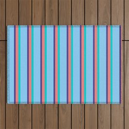 [ Thumbnail: Dark Turquoise, Light Coral, Dark Slate Blue, Light Sky Blue & White Colored Pattern of Stripes Outdoor Rug ]