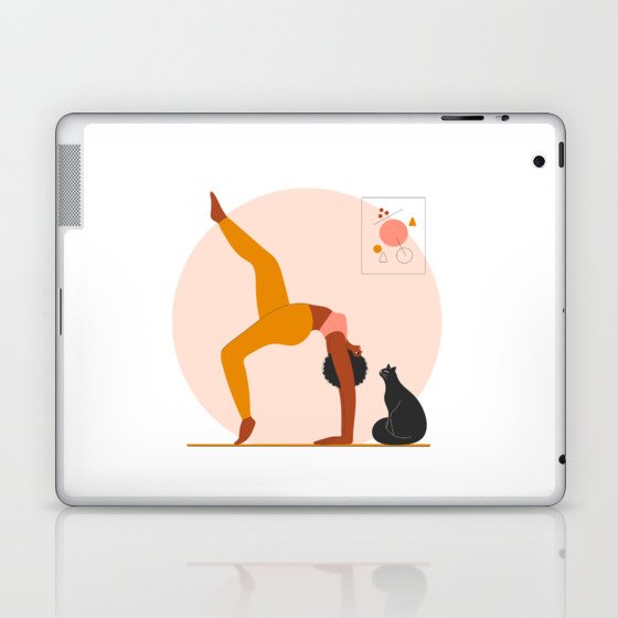 Afro woman doing yoga at home with a cat. Flat modern art. Laptop & iPad Skin