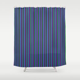 [ Thumbnail: Green, Purple & Royal Blue Colored Lines Pattern Shower Curtain ]