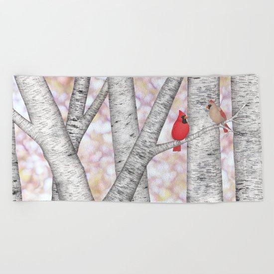cardinals and birch trees Beach Towel