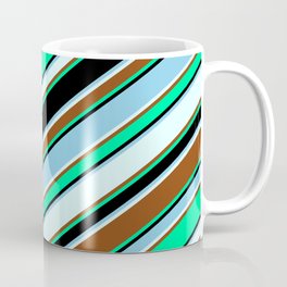 [ Thumbnail: Vibrant Green, Black, Sky Blue, Light Cyan & Brown Colored Lined/Striped Pattern Coffee Mug ]