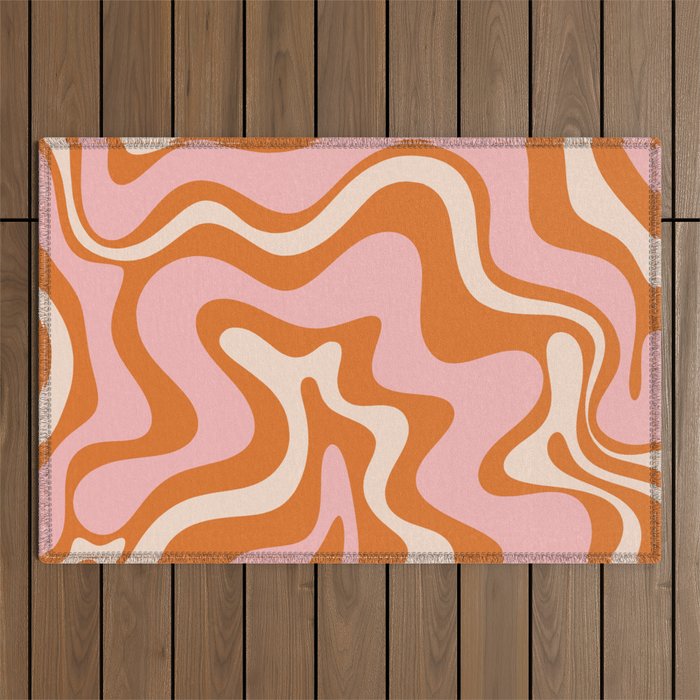 Liquid Swirl Retro Abstract Pattern in Orange Pink Cream Outdoor Rug