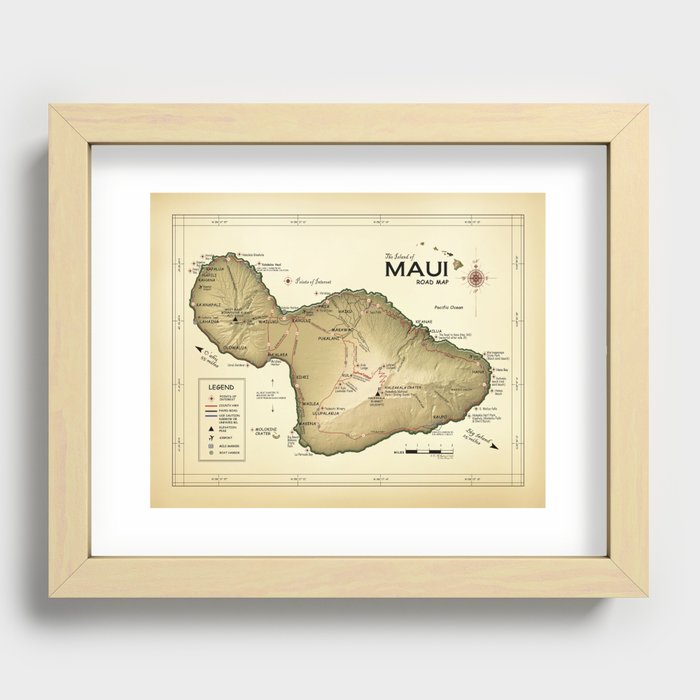 The Island of Maui [vintage inspired] Road map Recessed Framed Print