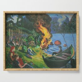 St. Hansbal Midsummer Eve Bonfire on Alpine Lake landscape painting by Nikolai Astrup Serving Tray