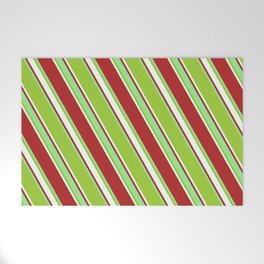 [ Thumbnail: Red, Light Green, Green & Mint Cream Colored Lines Pattern Welcome Mat ]