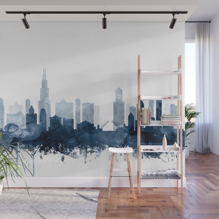 Chicago Skyline Navy Blue Watercolor by Zouzounio Art Wall Mural