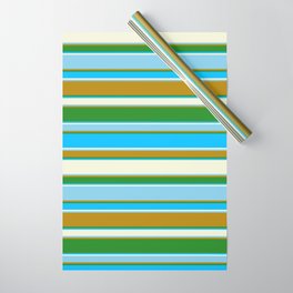 [ Thumbnail: Forest Green, Deep Sky Blue, Beige, Sky Blue, and Dark Goldenrod Colored Striped/Lined Pattern Wrapping Paper ]