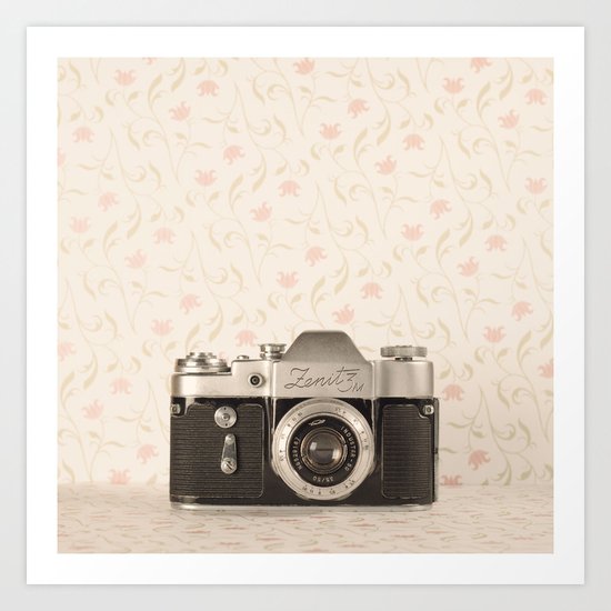 Zenit 3 Camera Film on Pink Flower Background Pearls on Book ( Vintage Still Life Photography) Art Print