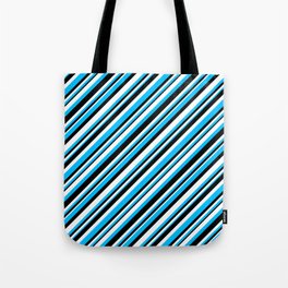 [ Thumbnail: Deep Sky Blue, Black, and White Colored Lined Pattern Tote Bag ]