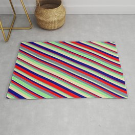 [ Thumbnail: Tan, Blue, Red, Light Slate Gray, and Light Green Colored Stripes/Lines Pattern Rug ]