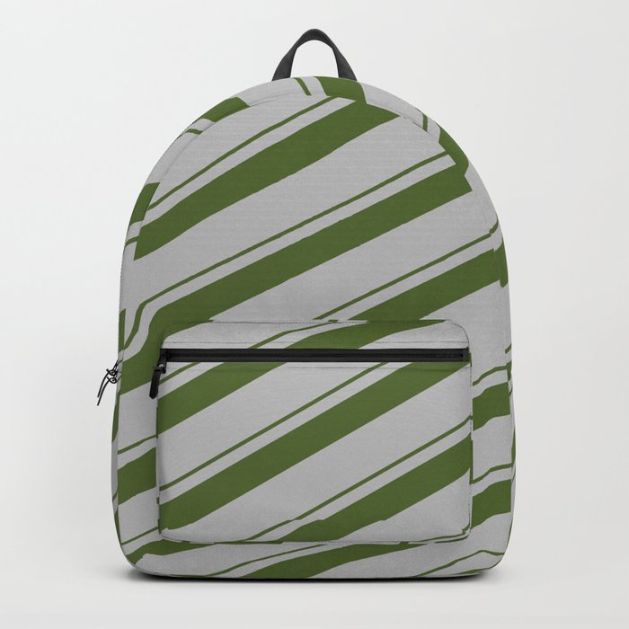 Dark Olive Green & Grey Colored Striped/Lined Pattern Backpack