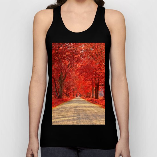 Red Forest Autumn Path Unisex Tank Top
