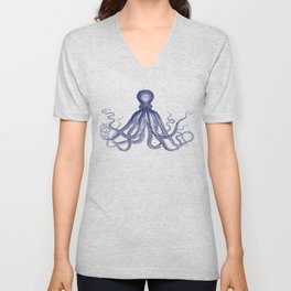 Octopus | Vintage Octopus | Tentacles | Navy Blue and White | V Neck T Shirt