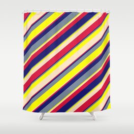 [ Thumbnail: Vibrant Light Slate Gray, Yellow, Bisque, Crimson & Midnight Blue Colored Lines/Stripes Pattern Shower Curtain ]