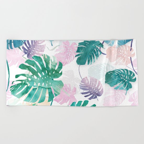 Tropical Leaves Watercolor Beach Towel